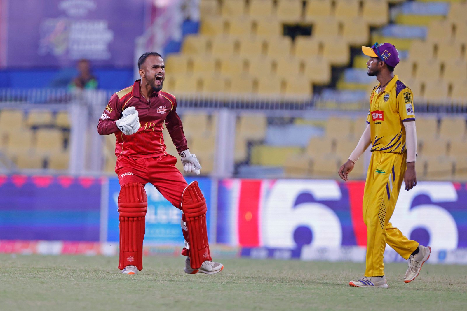 Bhargab Pratim Lakhar of team Barak Legends hits a six of the last ball and wins the match for Team Barak Legends during Match 17 of the APL T20 between Barpeta Braves and Barak Legends at ACA Stadium, Barsapara, Guwahati, India, on August 9, 2026.

Photo by R.Param / CREIMAS
