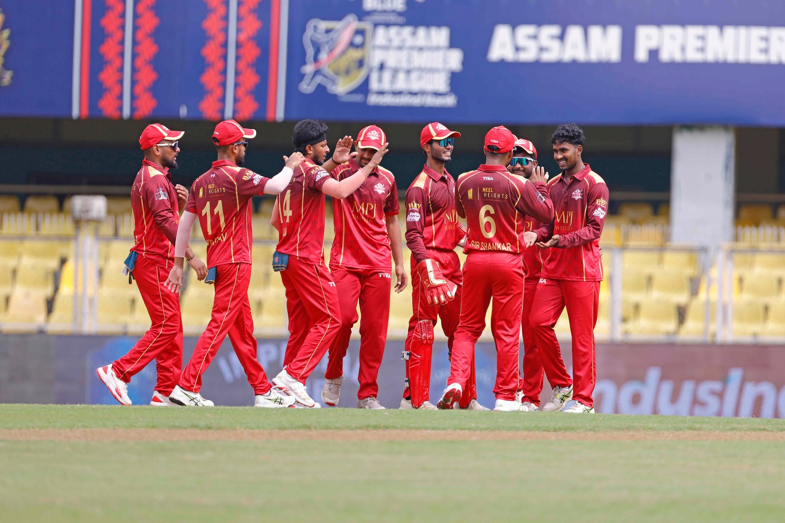 Team Barak Legends celebrates the wicket of Rohit Sen of Team Guwahati Royals during Match 7 of the APL T20 between Barak Legends and Guwahati Royals at ACA Stadium, Barsapara, Guwahati, India, on August 4, 2026.

Photo by R.Param / CREIMAS
