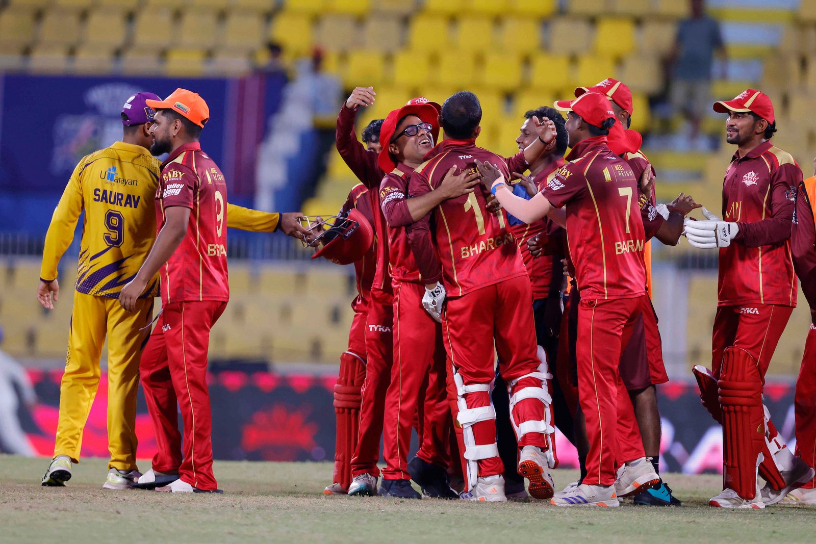 Bhargab Pratim Lakhar of team Barak Legends hits a six of the last ball and wins the match for Team Barak Legends and celebrates during Match 17 of the APL T20 between Barpeta Braves and Barak Legends at ACA Stadium, Barsapara, Guwahati, India, on August 9, 2026.

Photo by R.Param / CREIMAS