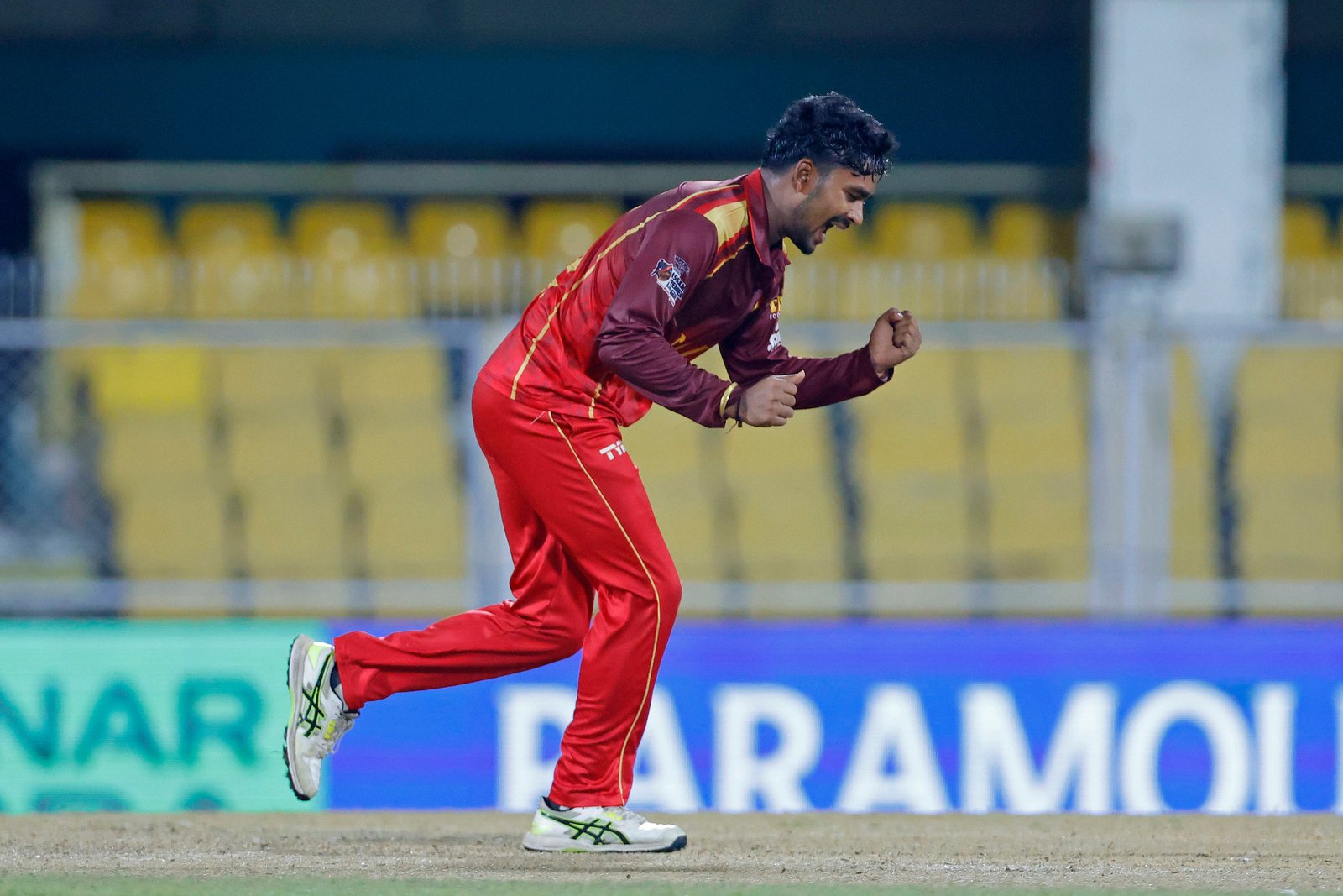 Mohit Thakur of team Barak Legends celebrates the wicket of Mayukh Hazarika of team Charaideo Sunrisers during Match 14 of the APL T20 between Charaideo Sunrisers and Barak Legends at ACA Stadium, Barsapara, Guwahati, India, on August 7, 2026.

Photo by R.Param / CREIMAS