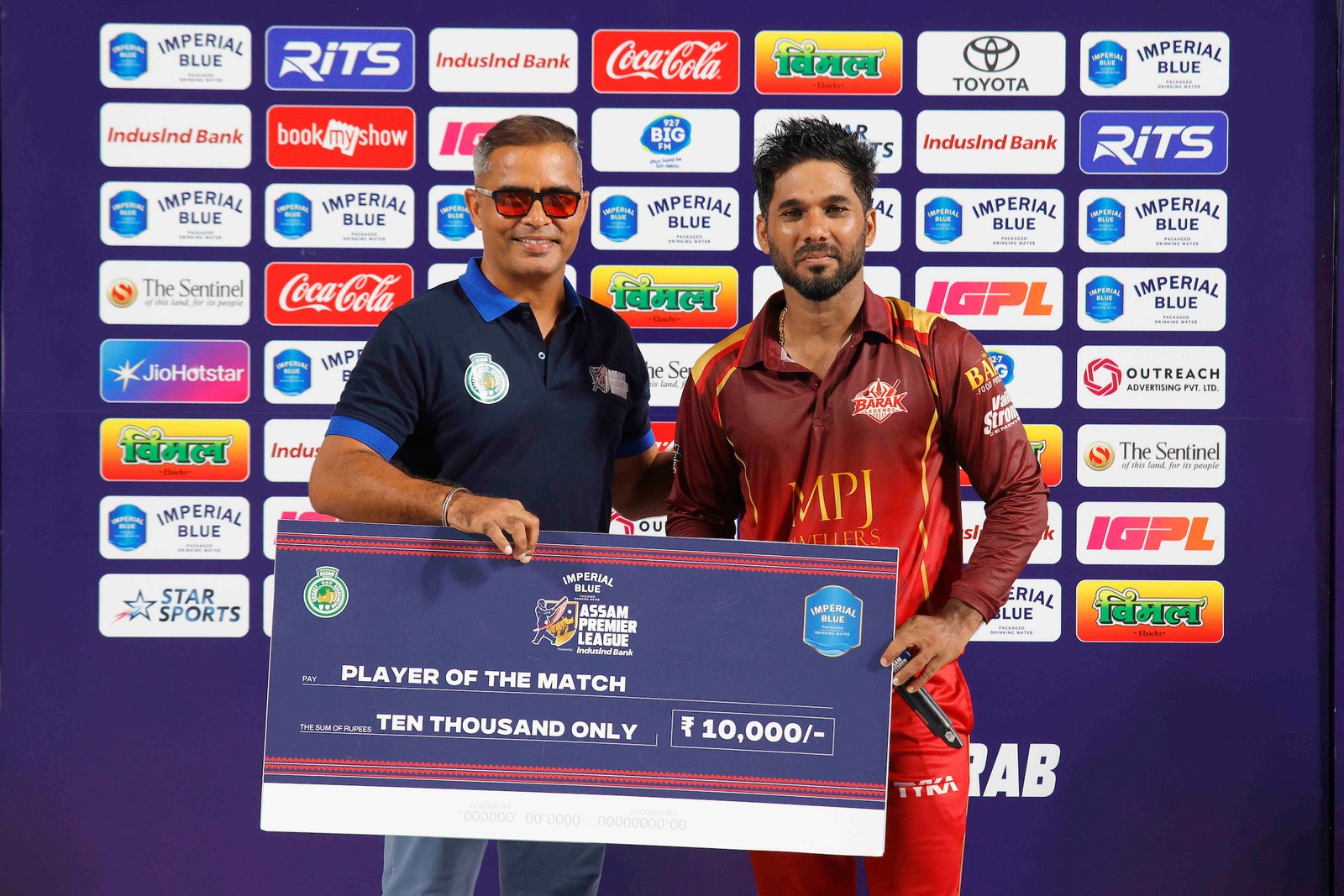 Sibsankar Roy (C) of team Barak Legends wins player of the match during Match 17 of the APL T20 between Barpeta Braves and Barak Legends at ACA Stadium, Barsapara, Guwahati, India, on August 9, 2026.

Photo by R.Param / CREIMAS