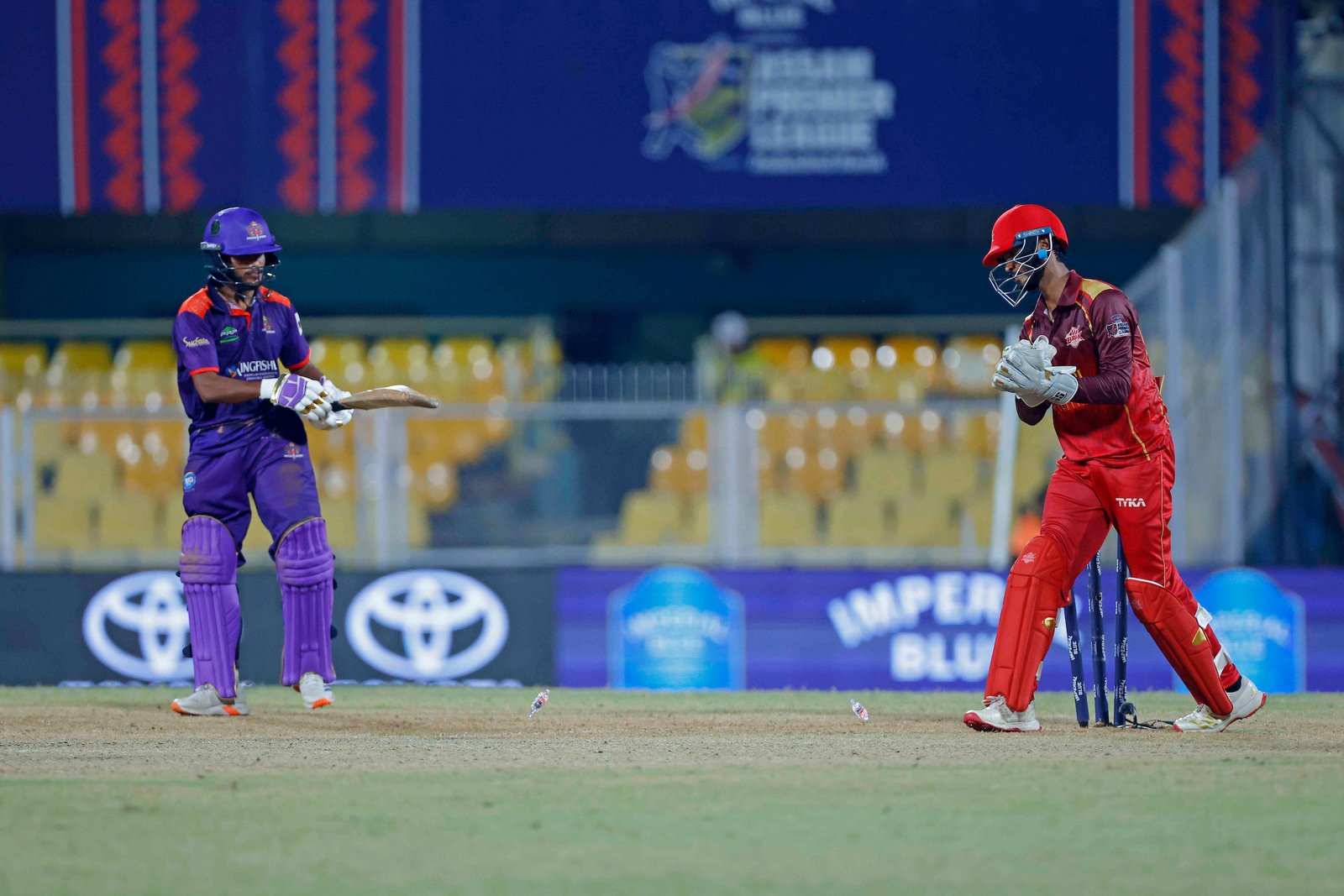 Shraban Khound of team Barak Legends stumps Sanjib P of team Dibrugarh Warriors during Match 28 of the APL T20 between Dibrugarh Warriors and Barak Legends at ACA Stadium, Barsapara, Guwahati, India, on August 14, 2026.

Photo by R.Param / CREIMAS