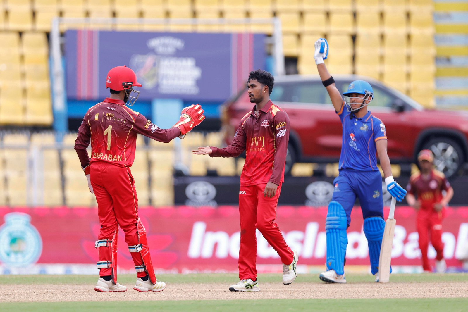 Mohit Thakur of team Barak Legends celebrates the wicket of Rishav Das (C) of Team Guwahati Royals during Match 7 of the APL T20 between Barak Legends and Guwahati Royals at ACA Stadium, Barsapara, Guwahati, India, on August 4, 2026.

Photo by R.Param / CREIMAS