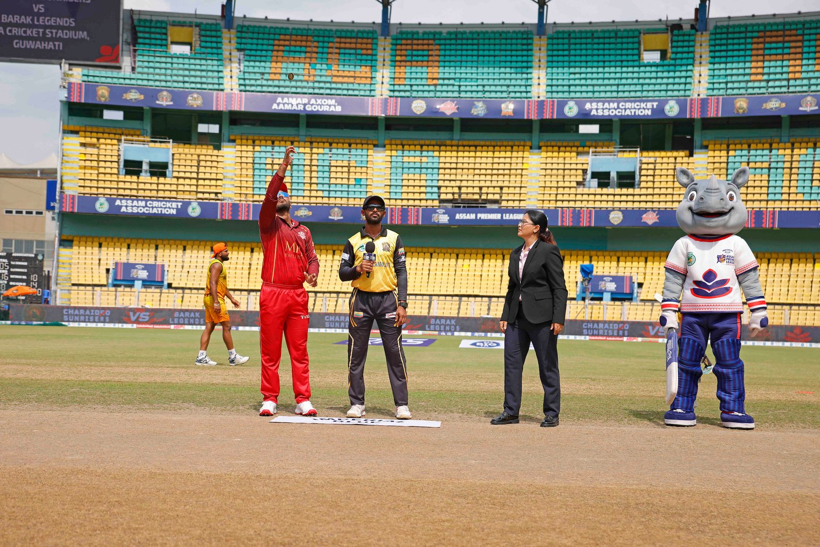 Sibsankar Roy (C) of team Barak Legends and Sumit Ghadigaonkar (C) of team Charaideo Sunrisers at toss during Match 29 of the APL T20 between Charaideo Sunrisers and Barak Legends at ACA Stadium, Barsapara, Guwahati, India, on August 15, 2026.

Photo by R.Param / CREIMAS