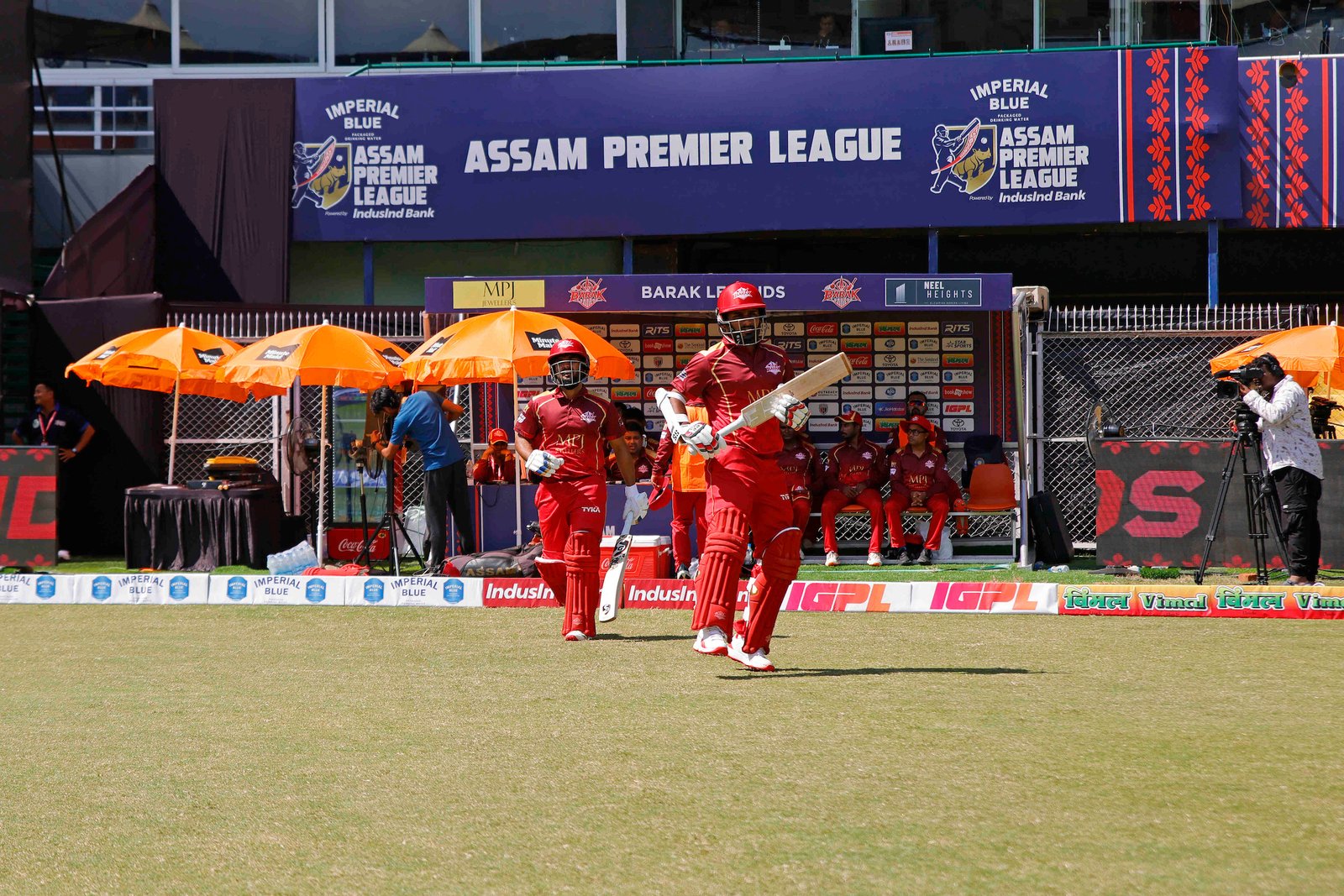 Team Barak Legends openers walking in during Match 11 of the APL T20 between Barak Legends and Jorhat Stallions at ACA Stadium, Barsapara, Guwahati, India, on August 6, 2026.

Photo by R.Param / CREIMAS