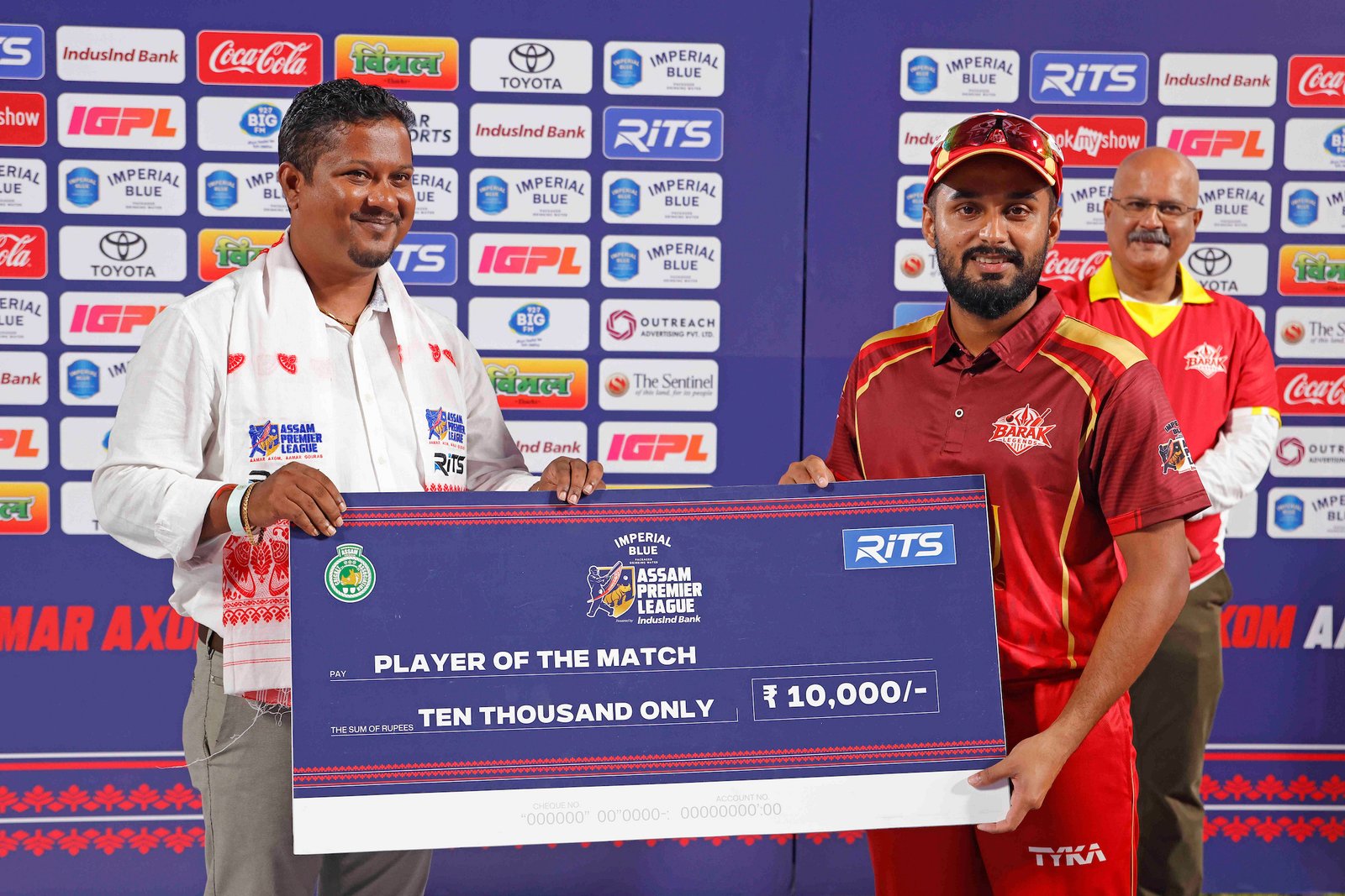 Aman Singh of team Barak Legends wins player of the match during Match 3 of the APL T20 between Barak Legends and Nagaon Rangers at ACA Stadium, Barsapara, Guwahati, India, on August 2, 2026.

Photo by R.Param / CREIMAS