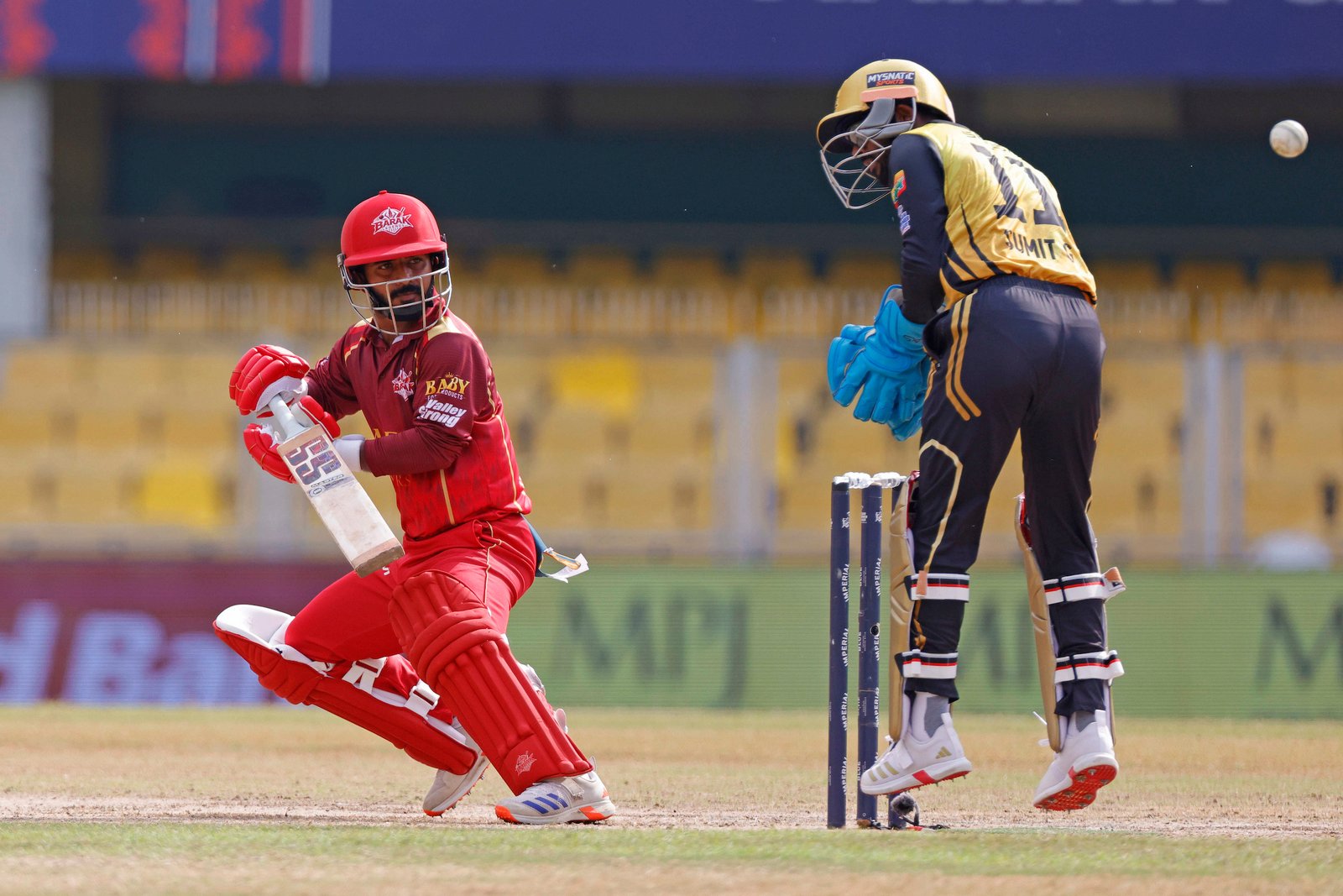 Subham Mandal of team Barak Legends guides the ball to the boundary during Match 29 of the APL T20 between Charaideo Sunrisers and Barak Legends at ACA Stadium, Barsapara, Guwahati, India, on August 15, 2026.

Photo by R.Param / CREIMAS