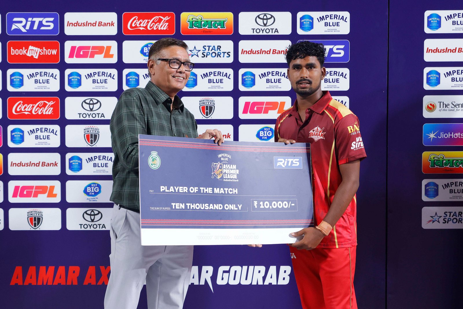 Mohit Thakur of team Barak Legends wins player of the match during Match 14 of the APL T20 between Charaideo Sunrisers and Barak Legends at ACA Stadium, Barsapara, Guwahati, India, on August 7, 2026.

Photo by R.Param / CREIMAS