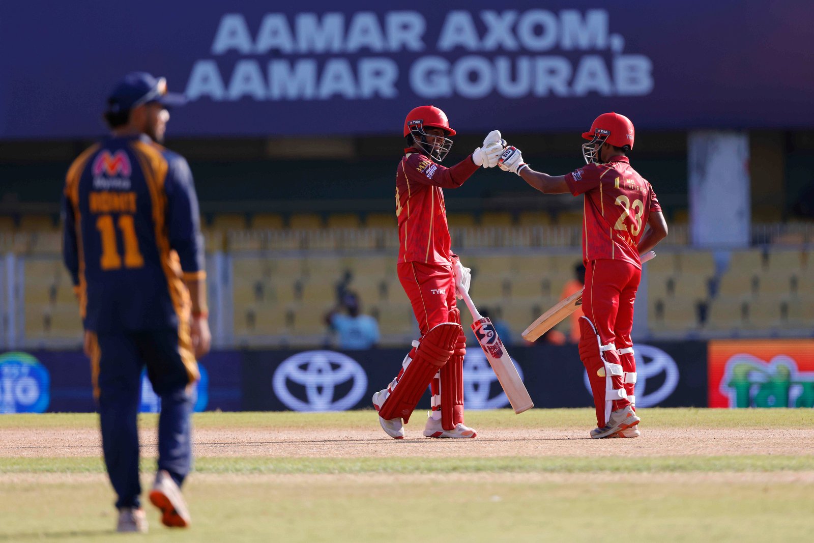 Abhilash Gogoi of team Jorhat Stallions celebrating a boundary during Match 11 of the APL T20 between Barak Legends and Jorhat Stallions at ACA Stadium, Barsapara, Guwahati, India, on August 6, 2026.

Photo by R.Param / CREIMAS