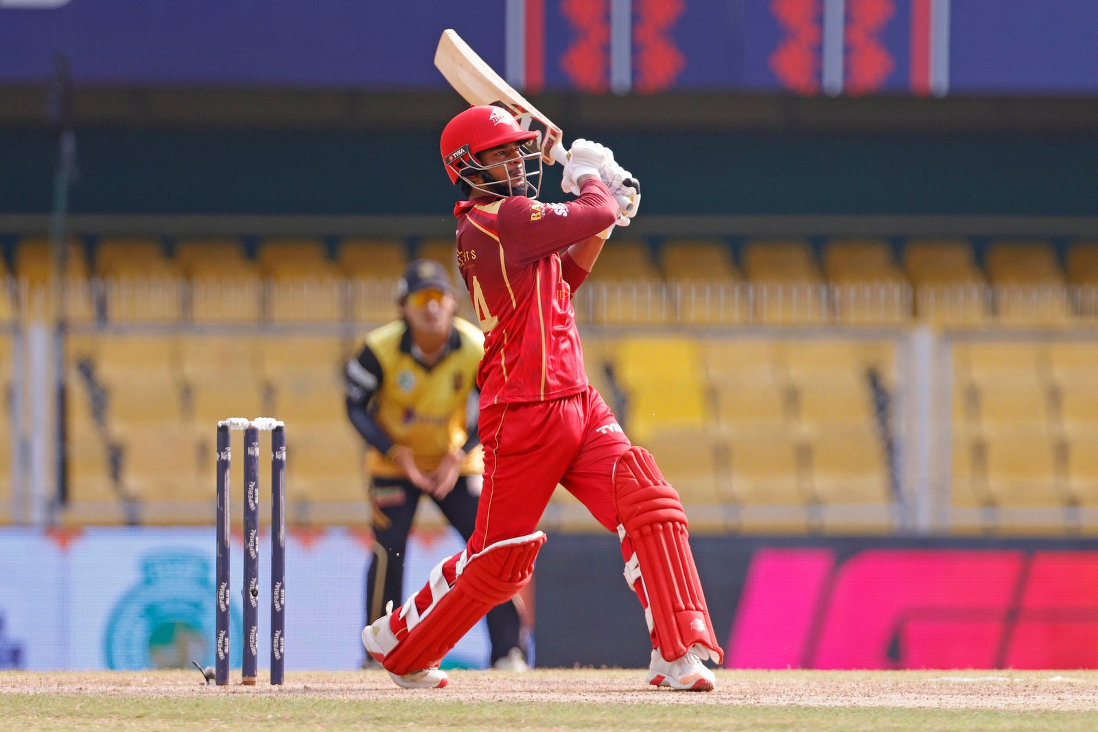 Abdul Ajij Kuraishi of team Barak Legends hits a six during Match 29 of the APL T20 between Charaideo Sunrisers and Barak Legends at ACA Stadium, Barsapara, Guwahati, India, on August 15, 2026.

Photo by R.Param / CREIMAS