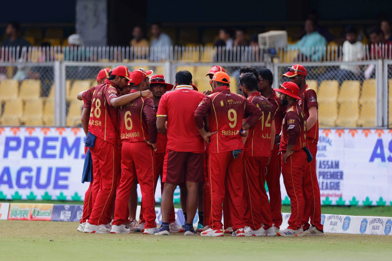 Team Barak Legends make a huddle during Match 29 of the APL T20 between Charaideo Sunrisers and Barak Legends at ACA Stadium, Barsapara, Guwahati, India, on August 15, 2026.

Photo by R.Param / CREIMAS