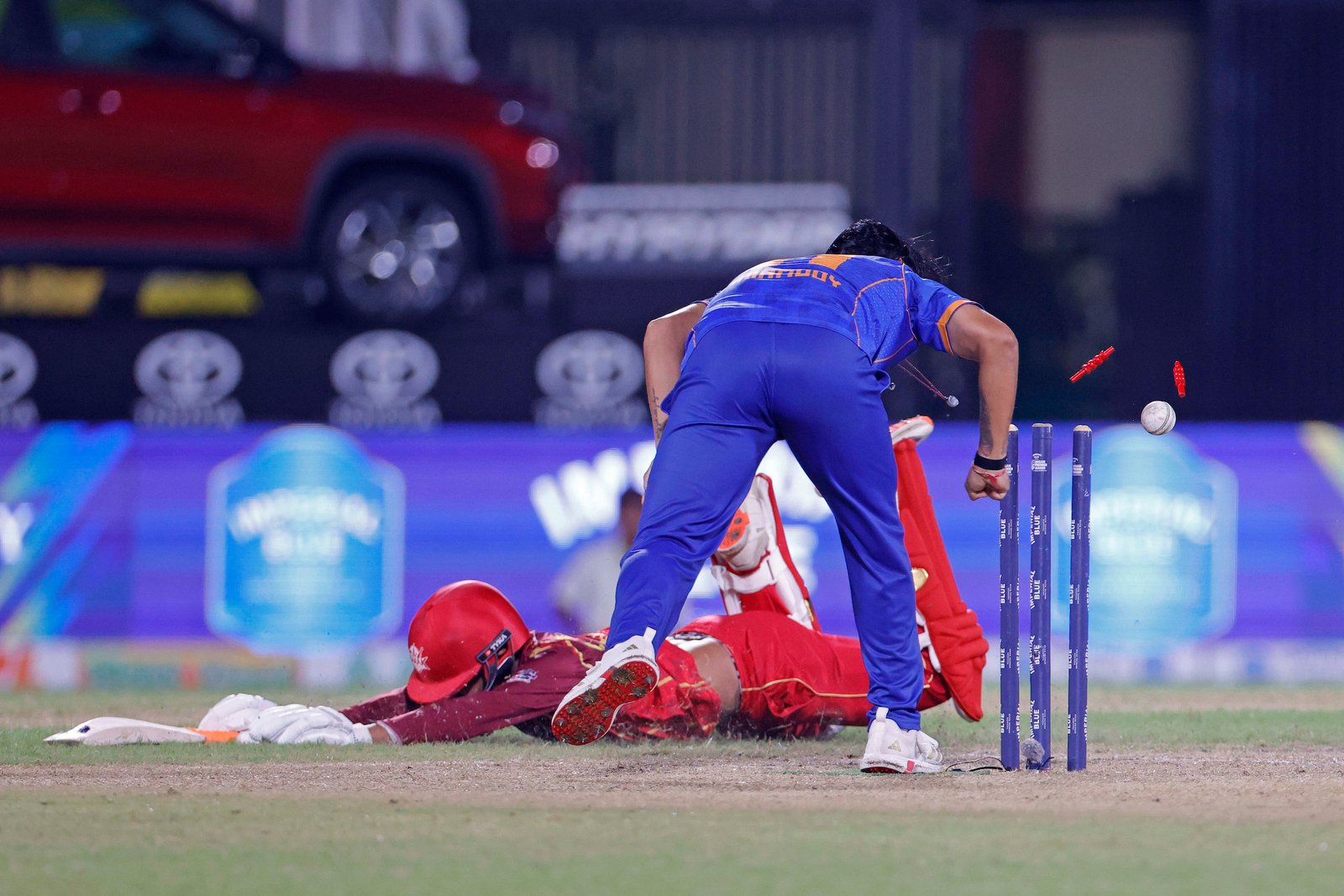 unsuccessful run out attempt during Match 7 of the APL T20 between Barak Legends and Guwahati Royals at ACA Stadium, Barsapara, Guwahati, India, on August 4, 2026.

Photo by R.Param / CREIMAS