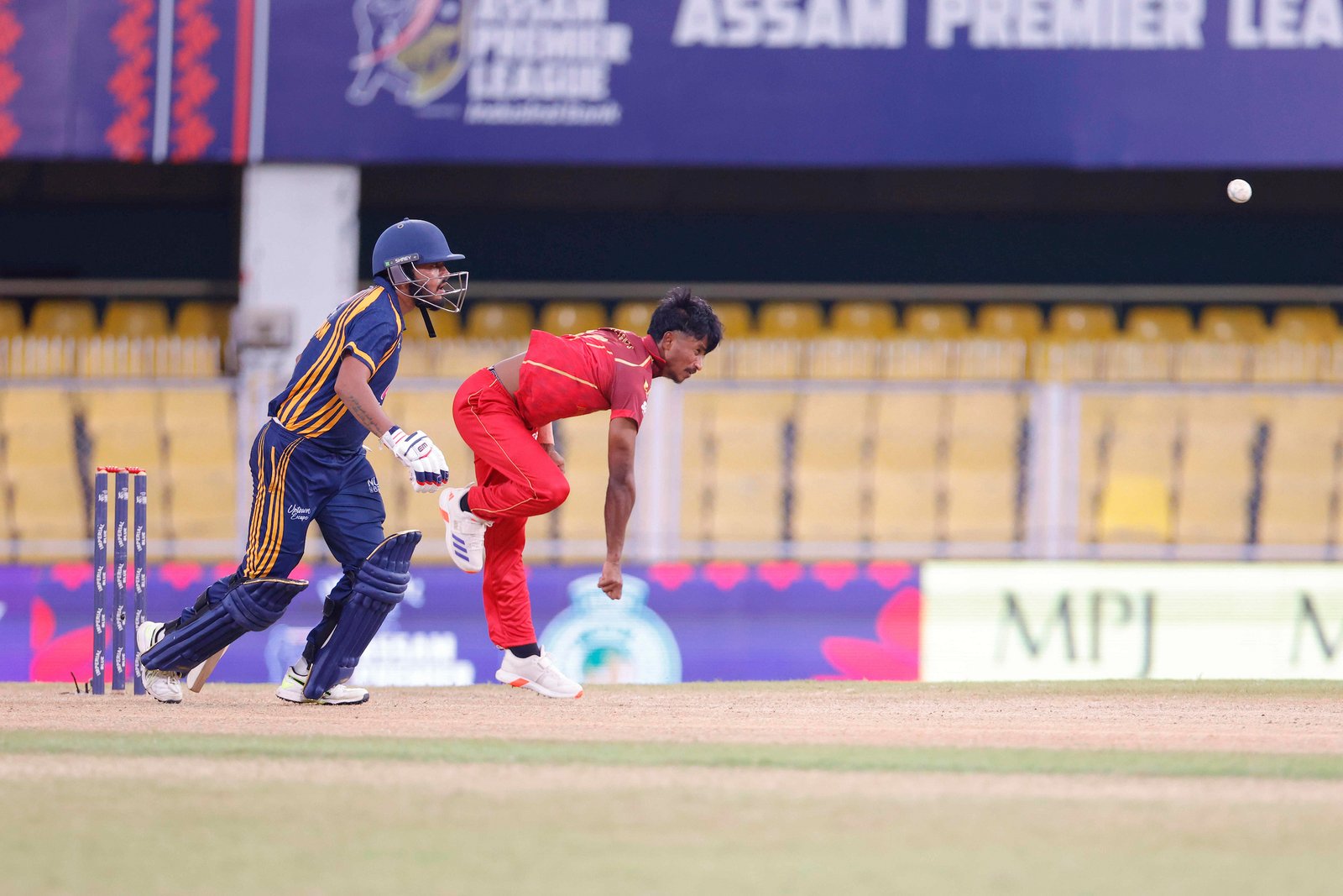 Saurav Dey of team Barak Legends bowling during Match 11 of the APL T20 between Barak Legends and Jorhat Stallions at ACA Stadium, Barsapara, Guwahati, India, on August 6, 2026.

Photo by R.Param / CREIMAS