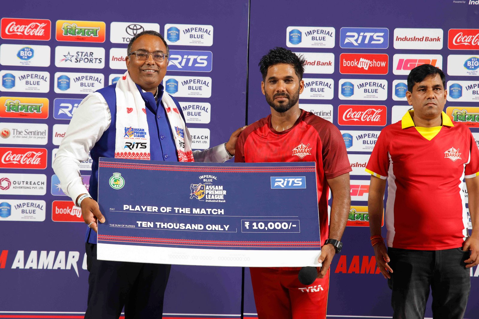Sibsankar Roy (C) of team Barak Legends wins player of the match during Match 7 of the APL T20 between Barak Legends and Guwahati Royals at ACA Stadium, Barsapara, Guwahati, India, on August 4, 2026.

Photo by R.Param / CREIMAS