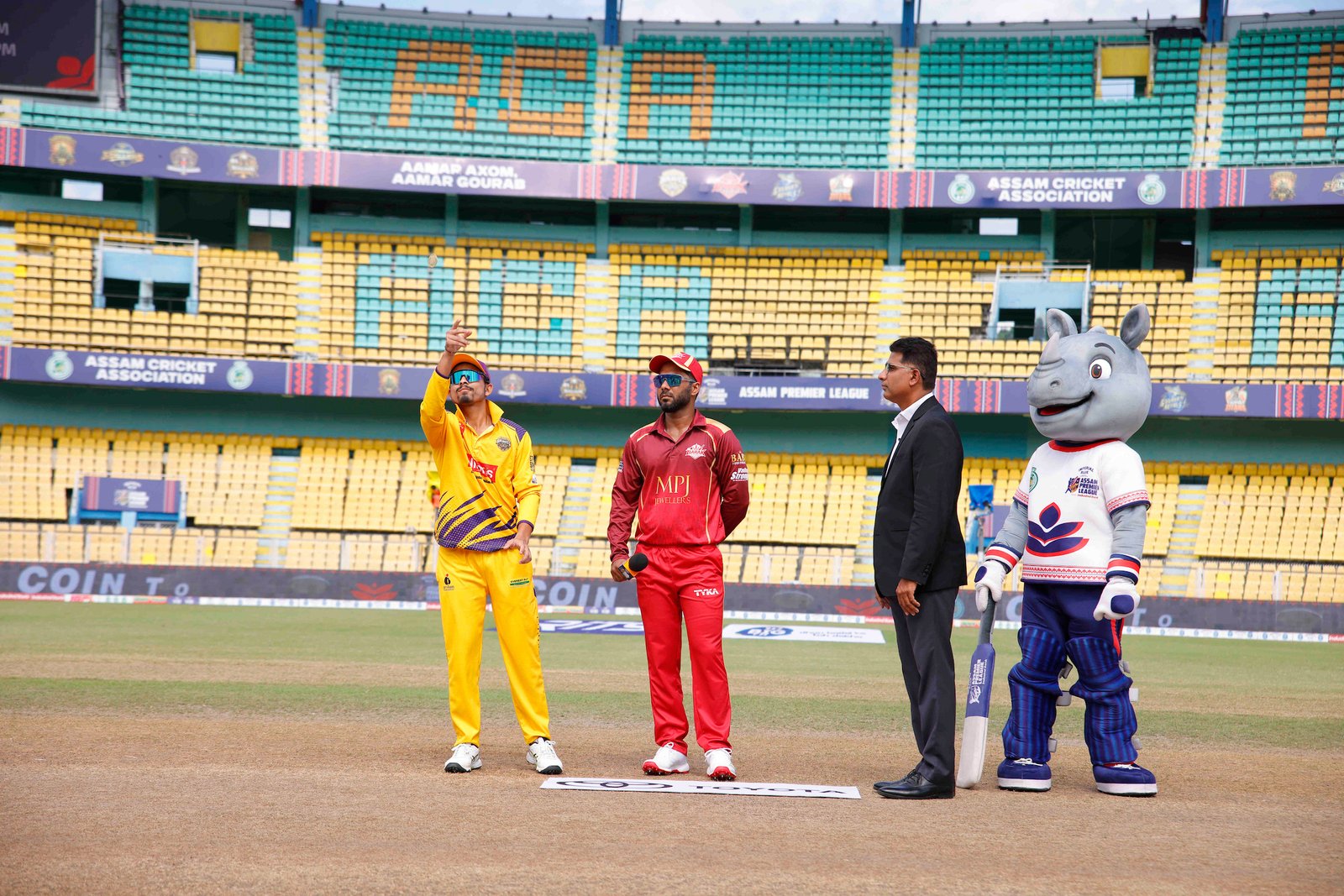 Denish Das (C) of team Barpeta Braves and Sibsankar Roy (C) of team Barak Legends at toss during Match 17 of the APL T20 between Barpeta Braves and Barak Legends at ACA Stadium, Barsapara, Guwahati, India, on August 9, 2026.

Photo by R.Param / CREIMAS