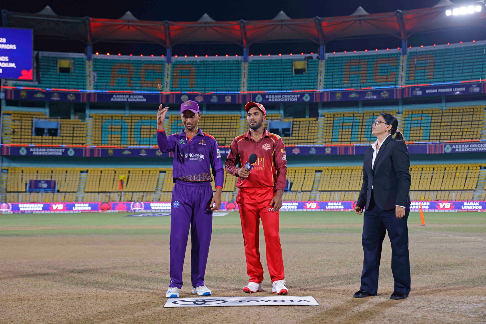 Jitumoni K (C) of team Dibrugarh Warriors and Sibsankar Roy (C) of team Barak Legends at toss during Match 28 of the APL T20 between Dibrugarh Warriors and Barak Legends at ACA Stadium, Barsapara, Guwahati, India, on August 14, 2026.

Photo by R.Param / CREIMAS