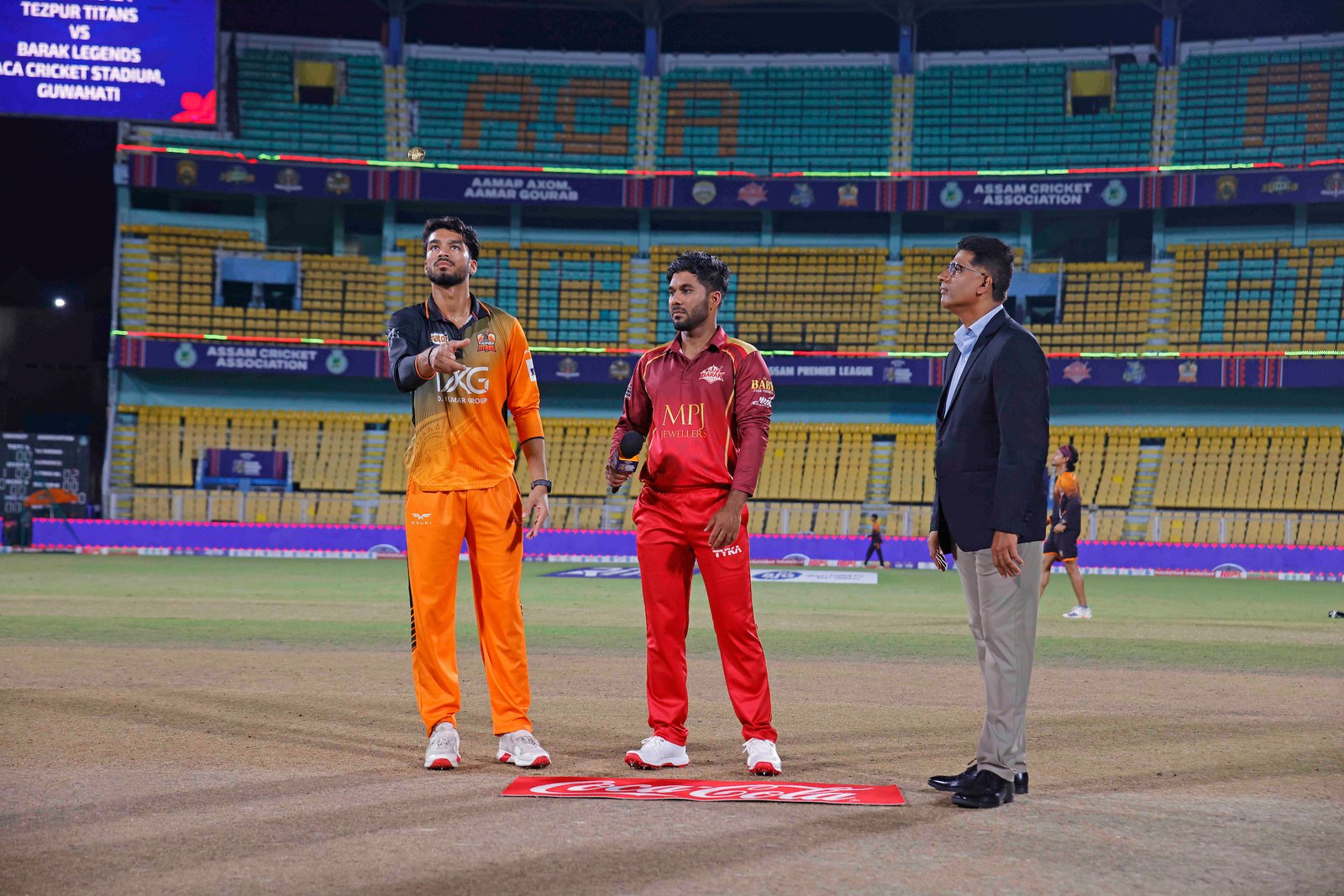Ayushman Malakar (C) of team Tezpur Titans and Sibsankar Roy (C) of team Barak Legends at toss during Match 24 of the APL T20 between Tezpur Titans and Barak Legends at ACA Stadium, Barsapara, Guwahati, India, on August 12, 2026.

Photo by R.Param / CREIMAS