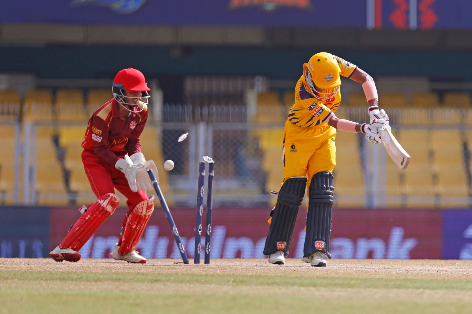 Bhargab Pratim Lakhar of team Barak Legends strikes the stumps of Kabir Hassan Deshmukh of team Barpeta Bravesduring Match 17 of the APL T20 between Barpeta Braves and Barak Legends at ACA Stadium, Barsapara, Guwahati, India, on August 9, 2026.

Photo by R.Param / CREIMAS