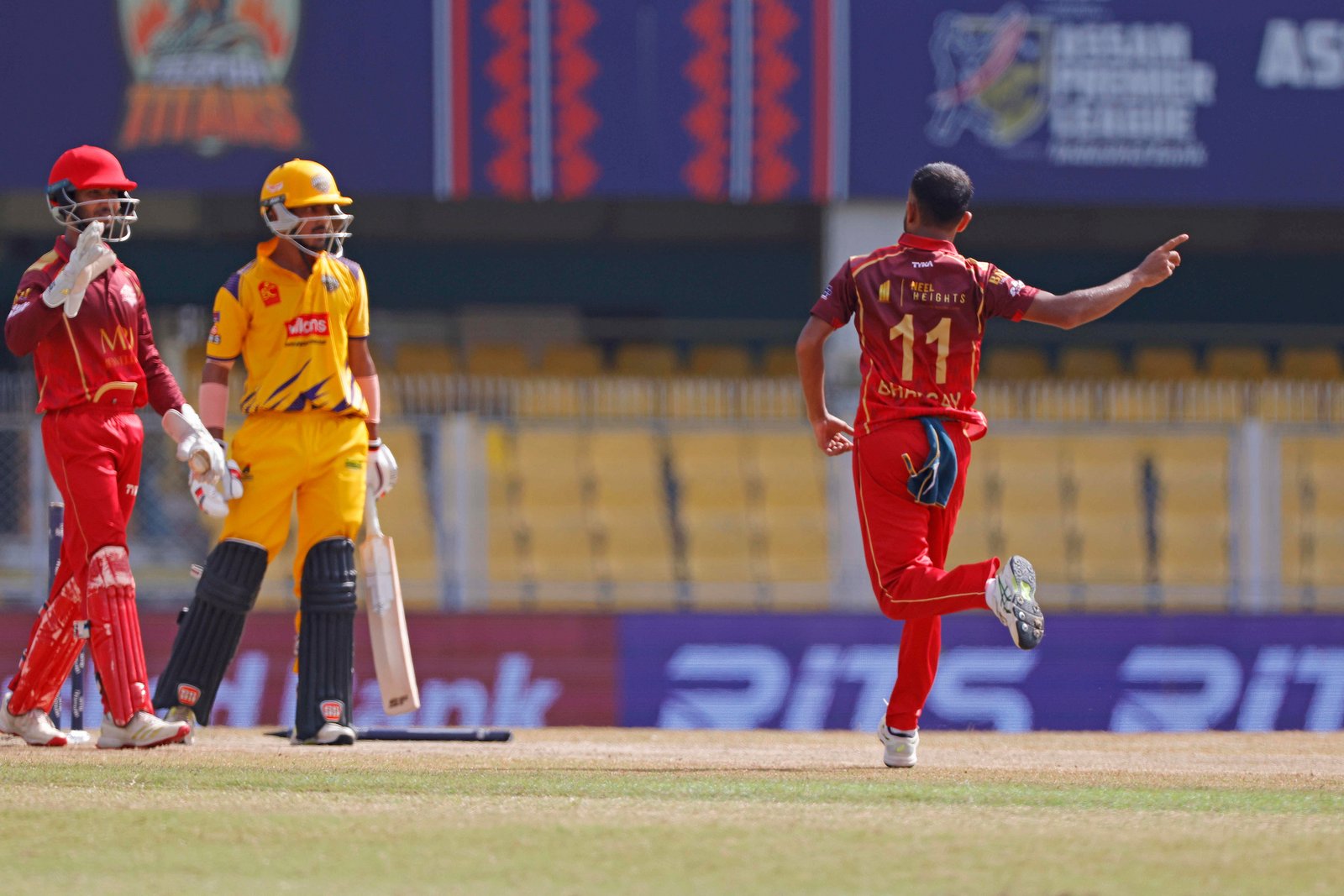 Bhargab Pratim Lakhar of team Barak Legends strikes the stumps of Kabir Hassan Deshmukh of team Barpeta Braves  during Match 17 of the APL T20 between Barpeta Braves and Barak Legends at ACA Stadium, Barsapara, Guwahati, India, on August 9, 2026.

Photo by R.Param / CREIMAS
