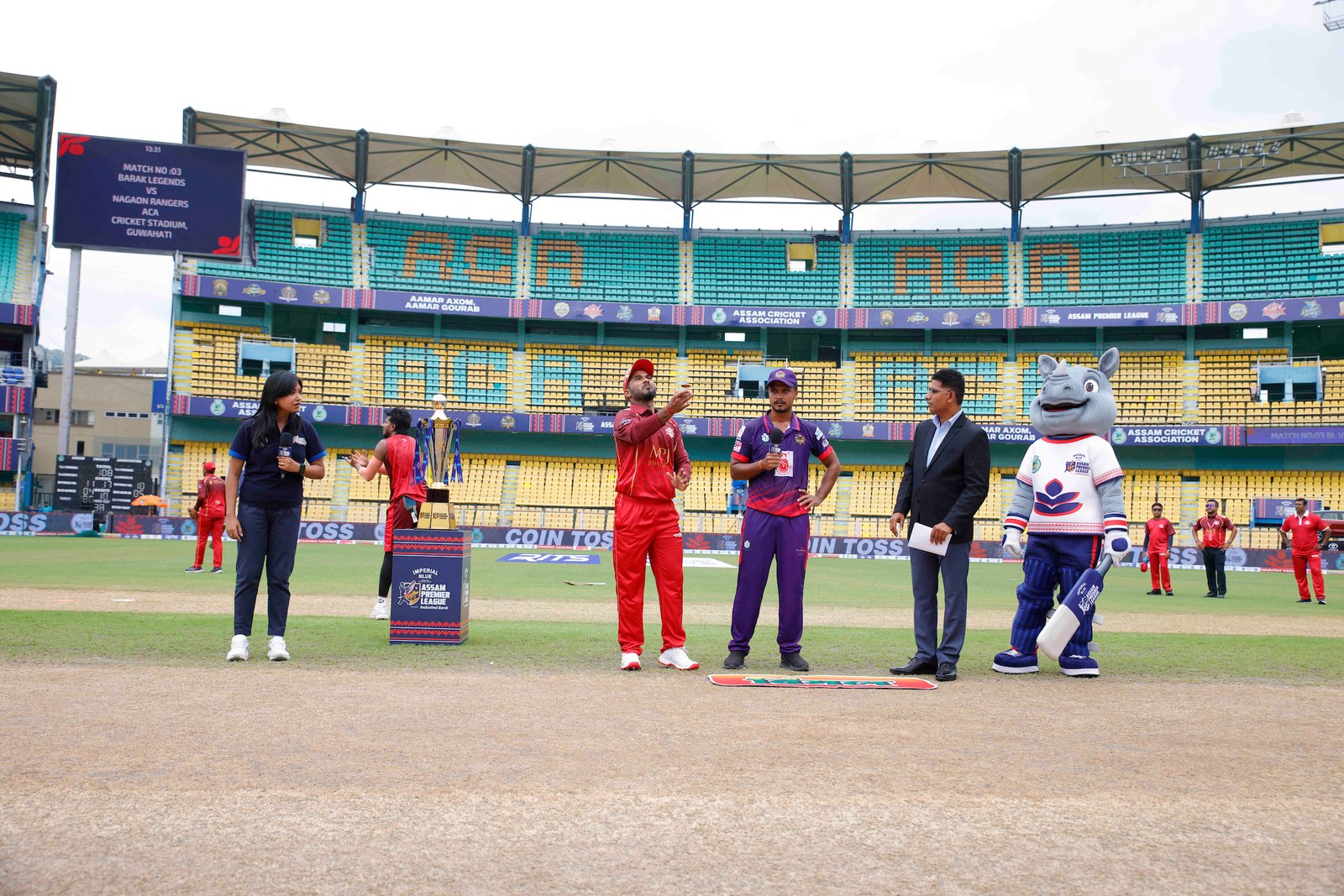 Sibsankar Roy (C)of team Barak Legends and Anurag Talukdar(C) of team Nagaon Rangers during toss ahead of Match 3 of the APL T20 between Barak Legends and Nagaon Rangers at ACA Stadium, Barsapara, Guwahati, India, on August 2, 2026.

Photo by R.Param / CREIMAS