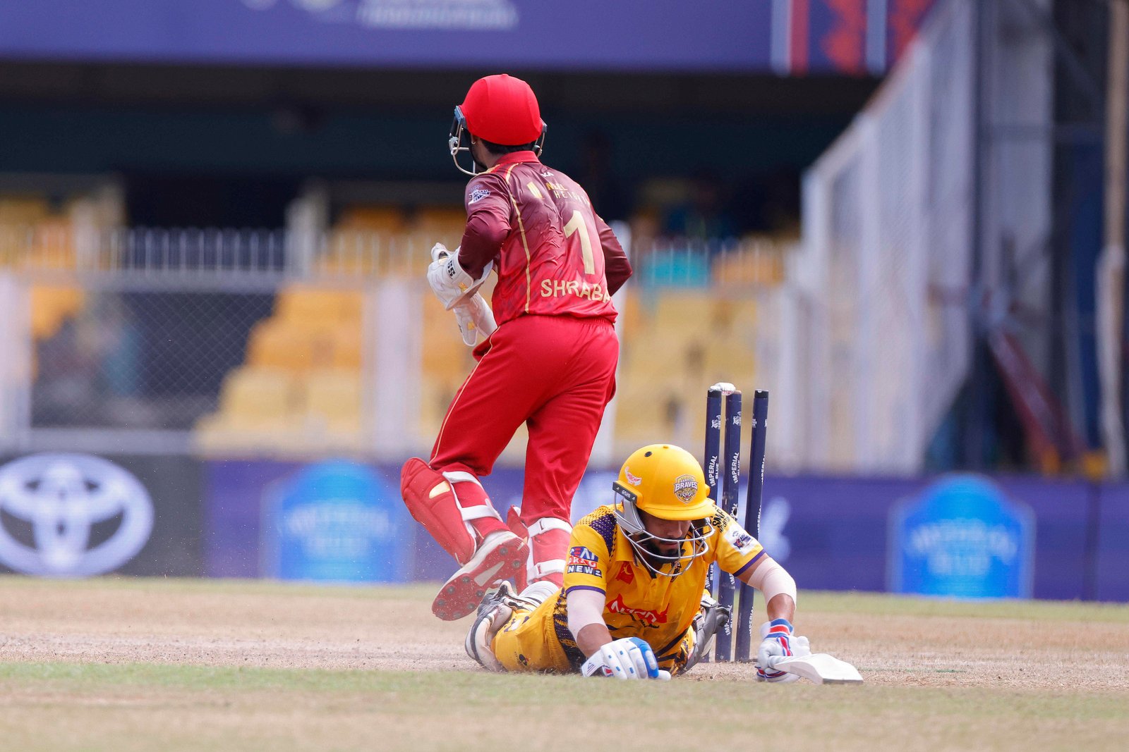 Team Barak Legends celebrates the wicket of Denish Das (C) of team Barpeta Braves during Match 17 of the APL T20 between Barpeta Braves and Barak Legends at ACA Stadium, Barsapara, Guwahati, India, on August 9, 2026.

Photo by R.Param / CREIMAS