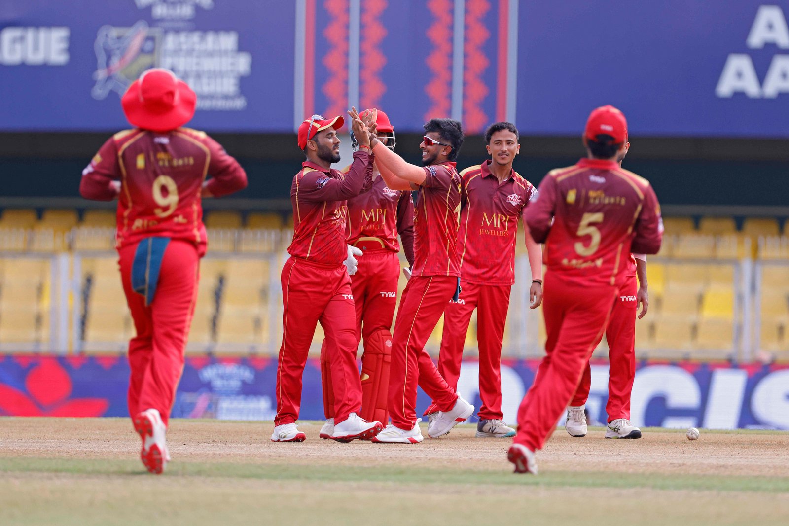 Team Barak Legends celebrates the wicket of Denish Das (C) of team Barpeta Braves during Match 17 of the APL T20 between Barpeta Braves and Barak Legends at ACA Stadium, Barsapara, Guwahati, India, on August 9, 2026.

Photo by R.Param / CREIMAS