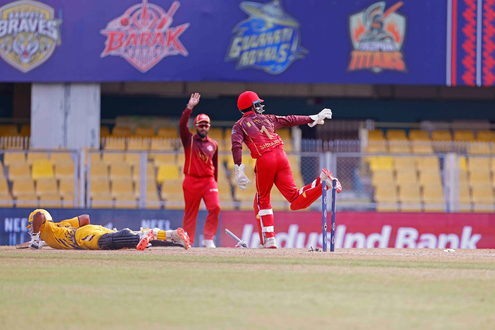 Unsuccessful Run out attempt during Match 17 of the APL T20 between Barpeta Braves and Barak Legends at ACA Stadium, Barsapara, Guwahati, India, on August 9, 2026.

Photo by R.Param / CREIMAS