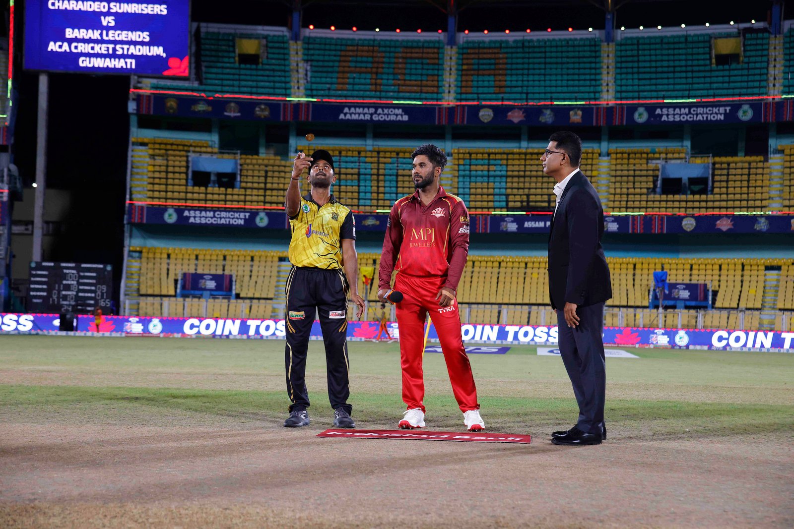 Sumit Ghadigaonkar (C) of team Charaideo Sunrisers and Sibsankar Roy (C) of team Barak Legends at toss during Match 14 of the APL T20 between Charaideo Sunrisers and Barak Legends at ACA Stadium, Barsapara, Guwahati, India, on August 7, 2026.

Photo by R.Param / CREIMAS