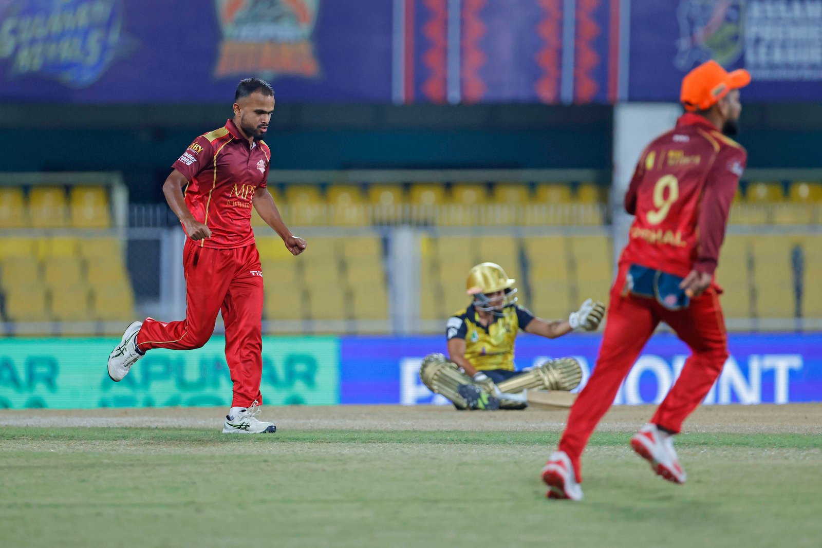Bhargab Pratim Lakhar of team Barak Legends runs Hrishikesh Tamuli of team Charaideo Sunrisers out during Match 14 of the APL T20 between Charaideo Sunrisers and Barak Legends at ACA Stadium, Barsapara, Guwahati, India, on August 7, 2026.

Photo by R.Param / CREIMAS