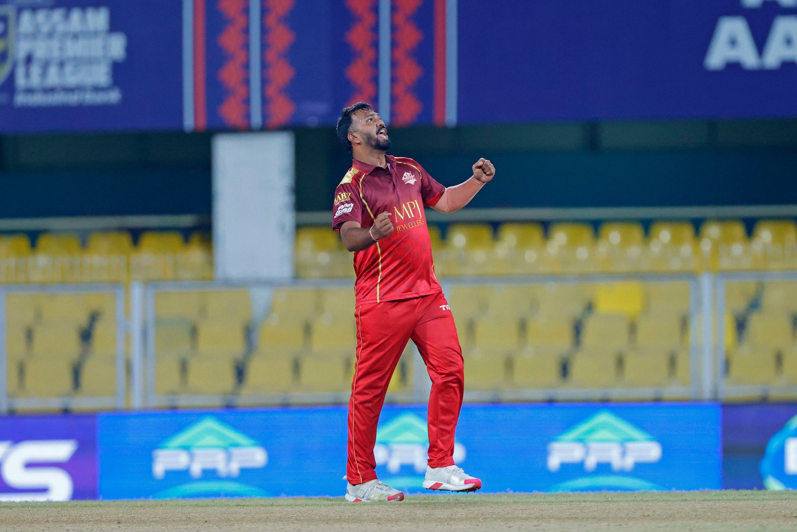 Samik Das of team Barak Legends celebrates the wicket of Diwiz P of team Dibrugarh Warriors during Match 28 of the APL T20 between Dibrugarh Warriors and Barak Legends at ACA Stadium, Barsapara, Guwahati, India, on August 14, 2026.

Photo by R.Param / CREIMAS