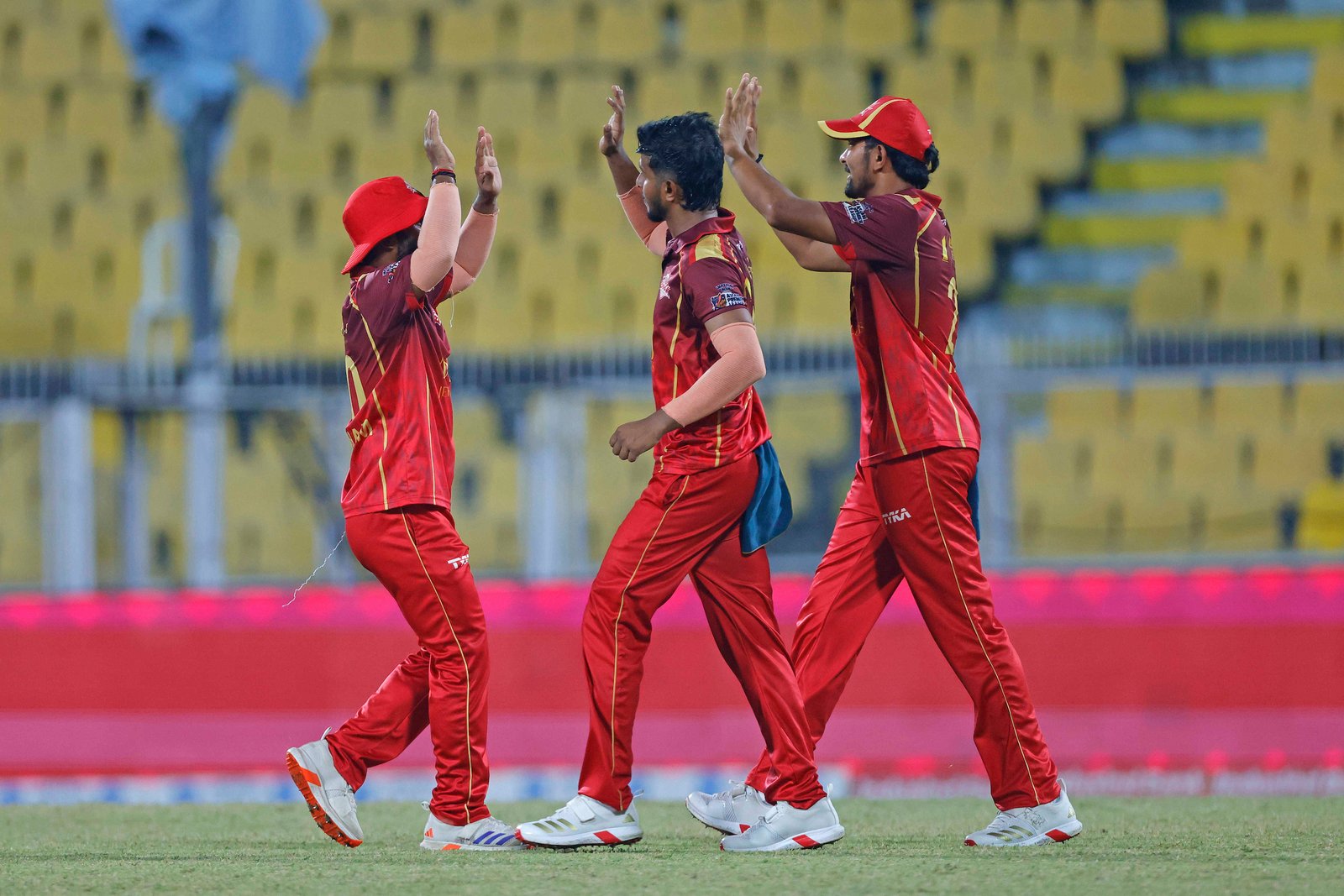 Team Barak Legends celebrates the wicket of Wasim Akram Haque of team Tezpur Titans during Match 24 of the APL T20 between Tezpur Titans and Barak Legends at ACA Stadium, Barsapara, Guwahati, India, on August 12, 2026.

Photo by R.Param / CREIMAS