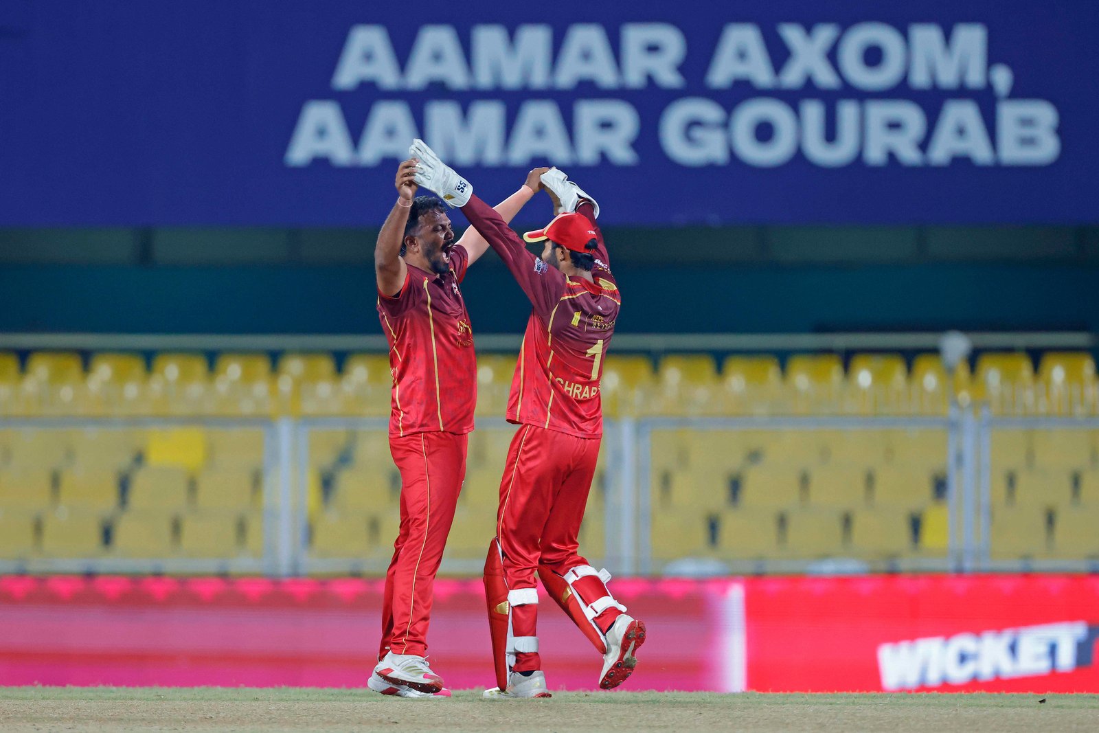 Samik Das of team Barak Legends celebrates the wicket of Diwiz P of team Dibrugarh Warriors during Match 28 of the APL T20 between Dibrugarh Warriors and Barak Legends at ACA Stadium, Barsapara, Guwahati, India, on August 14, 2026.

Photo by R.Param / CREIMAS