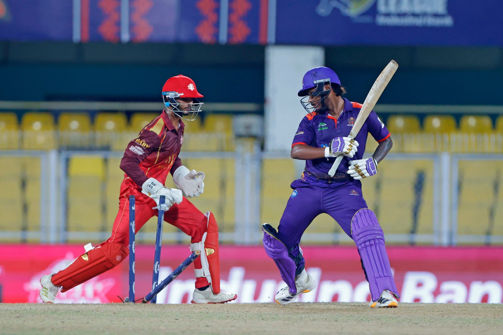 Shraban Khound of team Barak Legends stumps Sushankar Bonia of team Dibrugarh Warriors during Match 28 of the APL T20 between Dibrugarh Warriors and Barak Legends at ACA Stadium, Barsapara, Guwahati, India, on August 14, 2026.

Photo by R.Param / CREIMAS