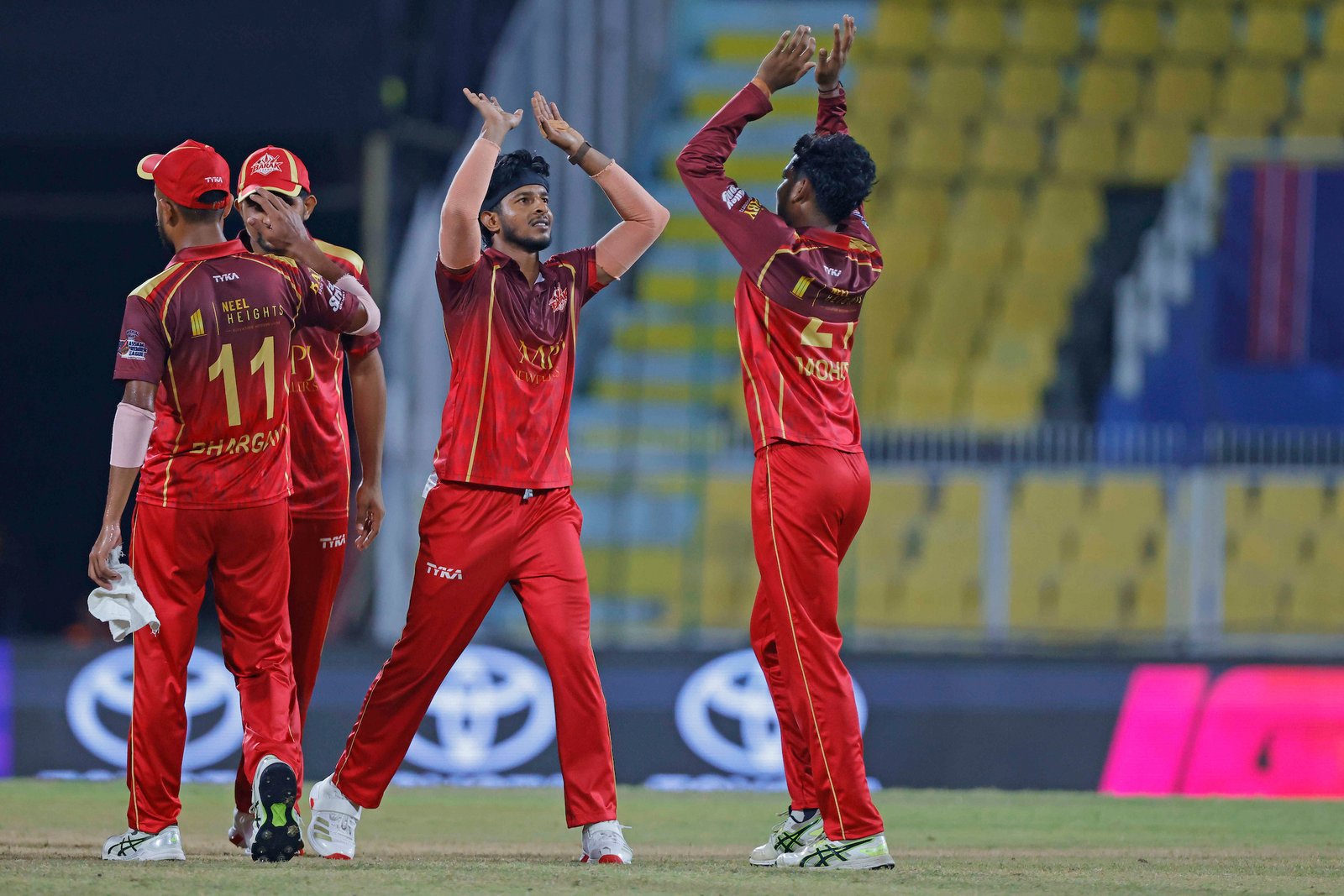 Abdul Ajij Kuraishi of team Barak Legends celebrates the wicket of Pradyun Saikia of team Charaideo Sunrisers during Match 14 of the APL T20 between Charaideo Sunrisers and Barak Legends at ACA Stadium, Barsapara, Guwahati, India, on August 7, 2026.

Photo by R.Param / CREIMAS