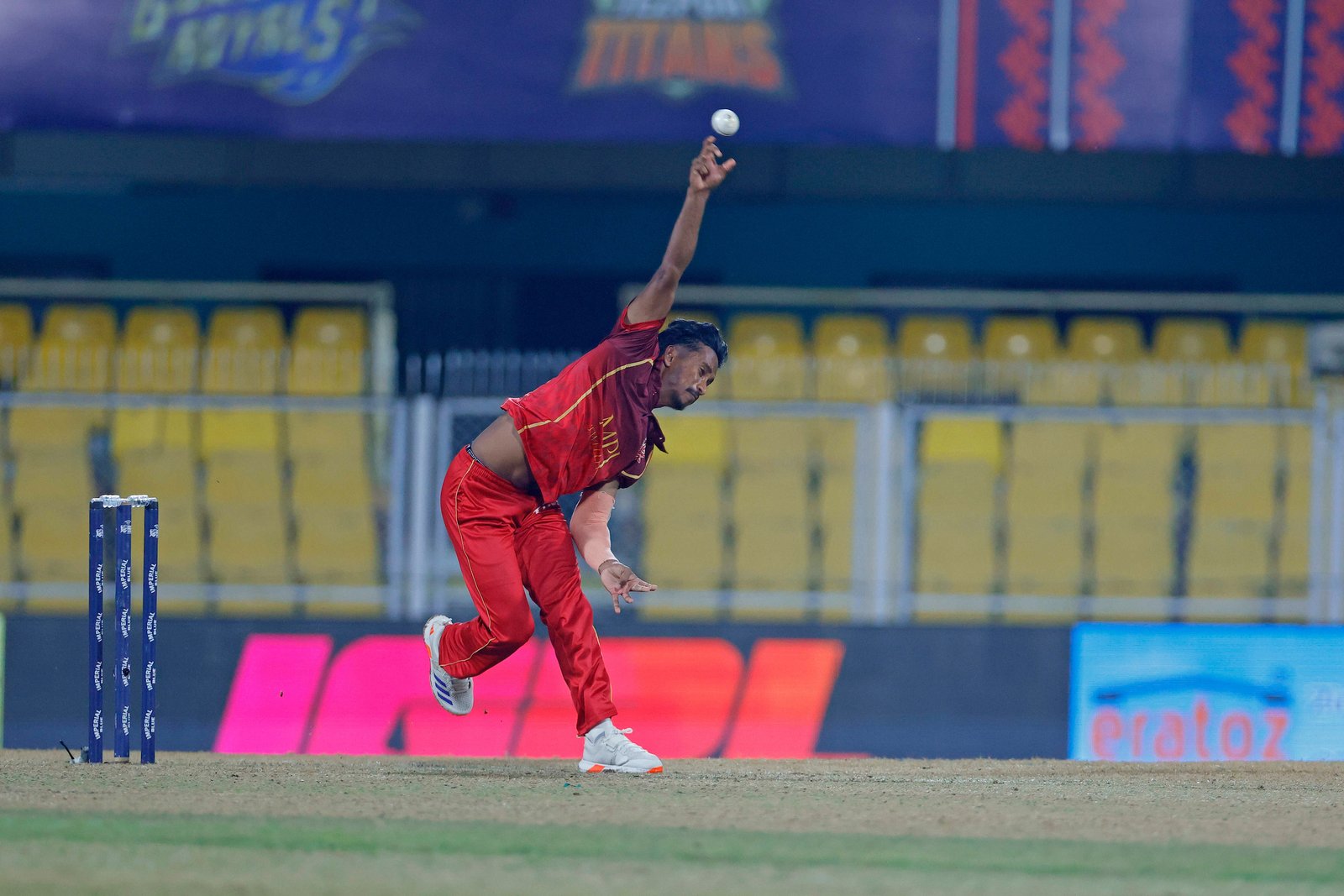 Saurav Dey of team Barak Legends bowling during Match 24 of the APL T20 between Tezpur Titans and Barak Legends at ACA Stadium, Barsapara, Guwahati, India, on August 12, 2026.

Photo by R.Param / CREIMAS