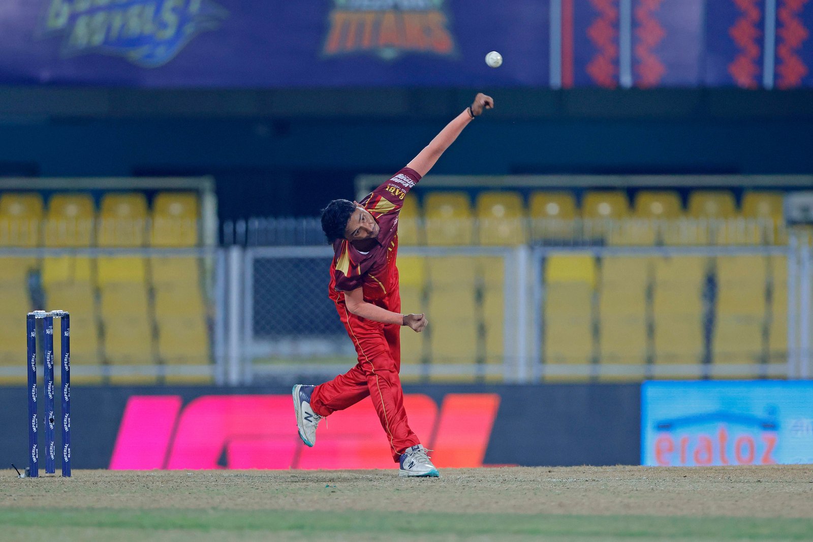 Rabi Chetry of team Barak Legends bowling during Match 24 of the APL T20 between Tezpur Titans and Barak Legends at ACA Stadium, Barsapara, Guwahati, India, on August 12, 2026.

Photo by R.Param / CREIMAS