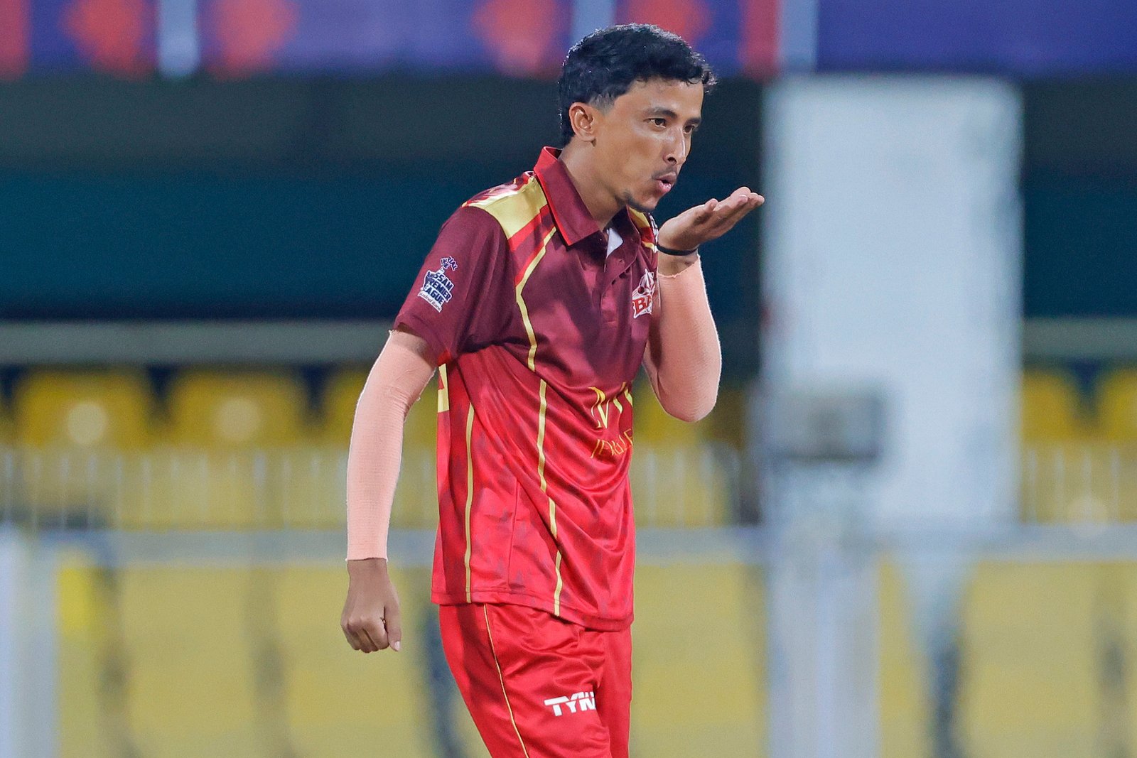 Rabi Chetry of team Barak Legends celebrates the wicket of Soumya Kanti Paul of team Charaideo Sunrisers during Match 14 of the APL T20 between Charaideo Sunrisers and Barak Legends at ACA Stadium, Barsapara, Guwahati, India, on August 7, 2026.

Photo by R.Param / CREIMAS