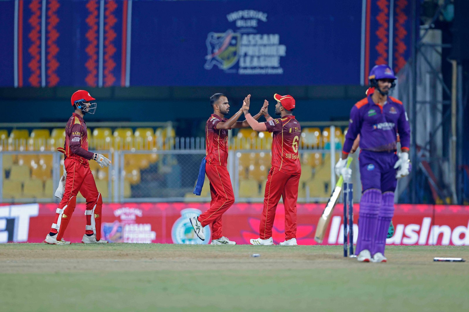 Bhargab Pratim Lakhar of team Barak Legends and Shraban Khound of team Barak Legends celebrates the wicket of Siddharth of team Dibrugarh Warriors during Match 28 of the APL T20 between Dibrugarh Warriors and Barak Legends at ACA Stadium, Barsapara, Guwahati, India, on August 14, 2026.

Photo by R.Param / CREIMAS