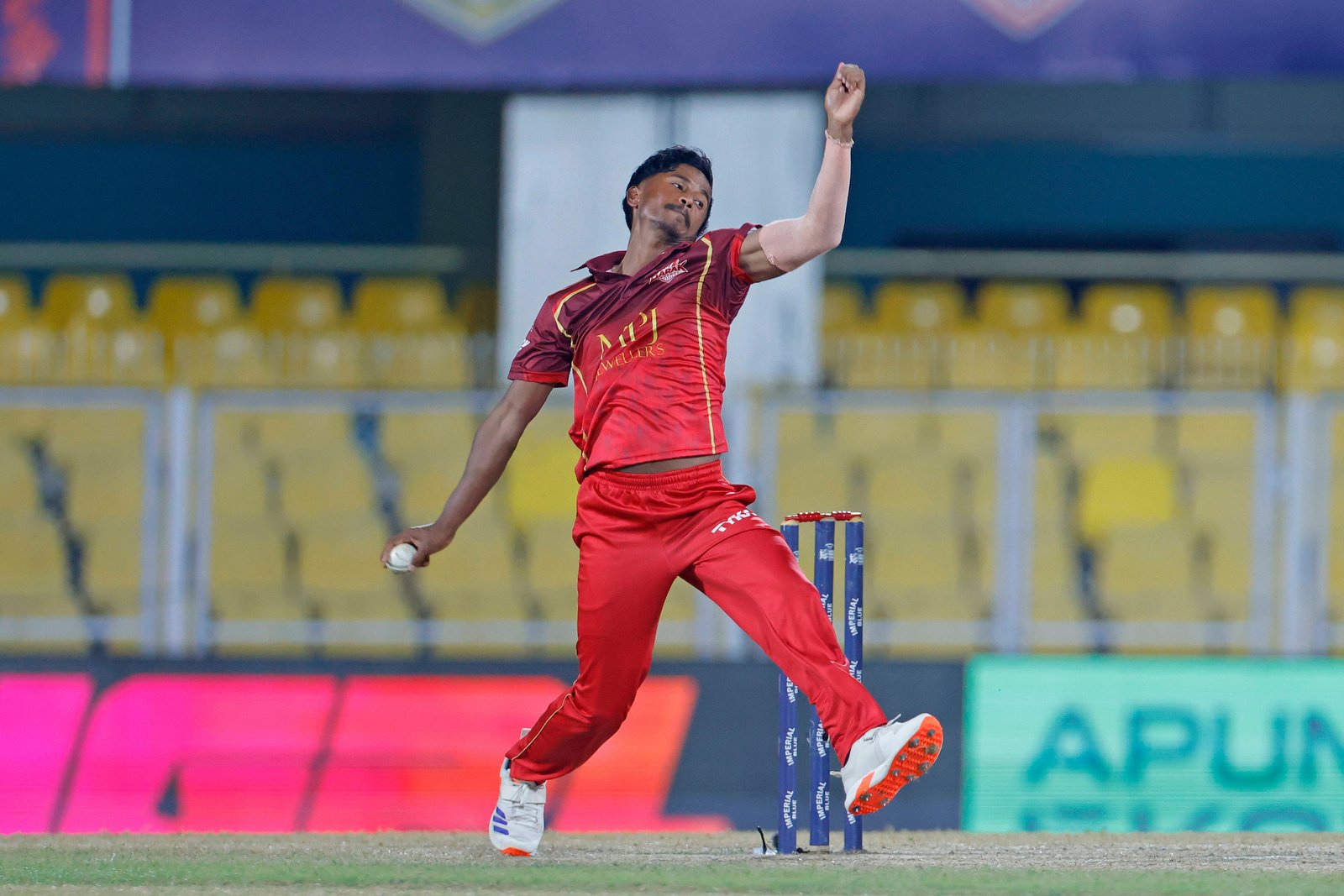Saurav Dey of team Barak Legends bowling during Match 14 of the APL T20 between Charaideo Sunrisers and Barak Legends at ACA Stadium, Barsapara, Guwahati, India, on August 7, 2026.

Photo by R.Param / CREIMAS