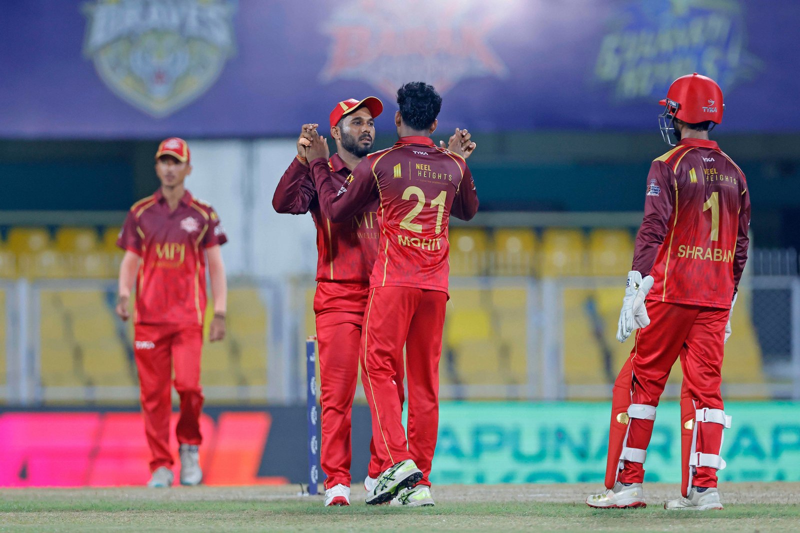 Mohit Thakur of team Barak Legends celebrates the wicket of Reshabh Dipak of team Charaideo Sunrisers during Match 14 of the APL T20 between Charaideo Sunrisers and Barak Legends at ACA Stadium, Barsapara, Guwahati, India, on August 7, 2026.

Photo by R.Param / CREIMAS