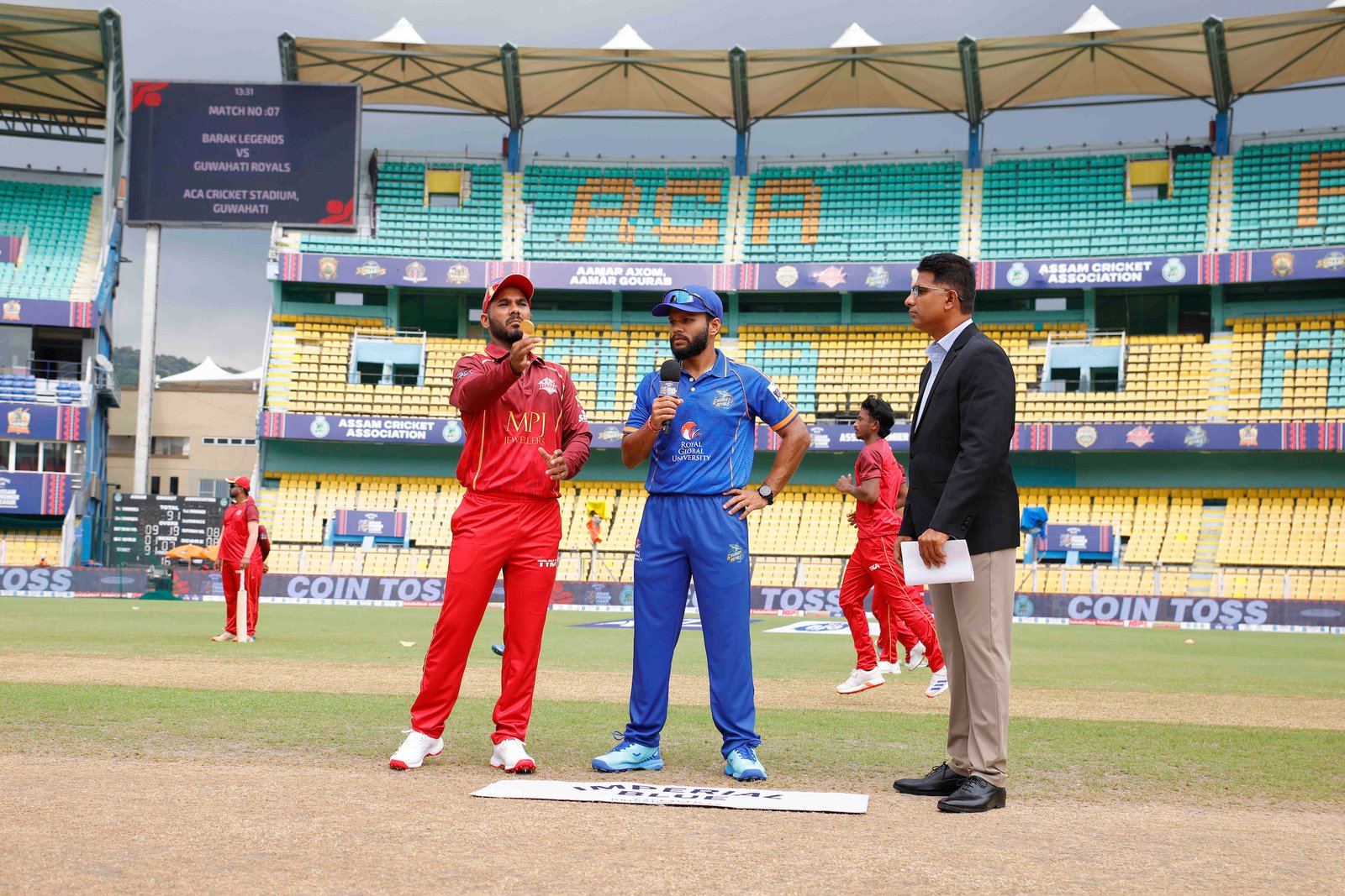 Sibsankar Roy (C)of team Barak Legends and Rishav Das (C) of Team Guwahati Royals at toss during Match 7 of the APL T20 between Barak Legends and Guwahati Royals at ACA Stadium, Barsapara, Guwahati, India, on August 4, 2026.

Photo by R.Param / CREIMAS