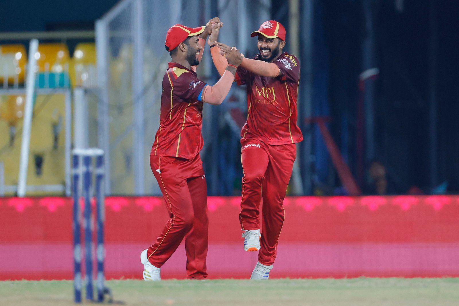 Team Barak Legends celebrates the wicket of Jay Borah of team Dibrugarh Warriors during Match 28 of the APL T20 between Dibrugarh Warriors and Barak Legends at ACA Stadium, Barsapara, Guwahati, India, on August 14, 2026.

Photo by R.Param / CREIMAS